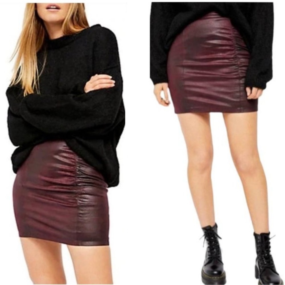 Free People Rumi Ruched Faux Suede Mini Skirt Burgundy Size Small
